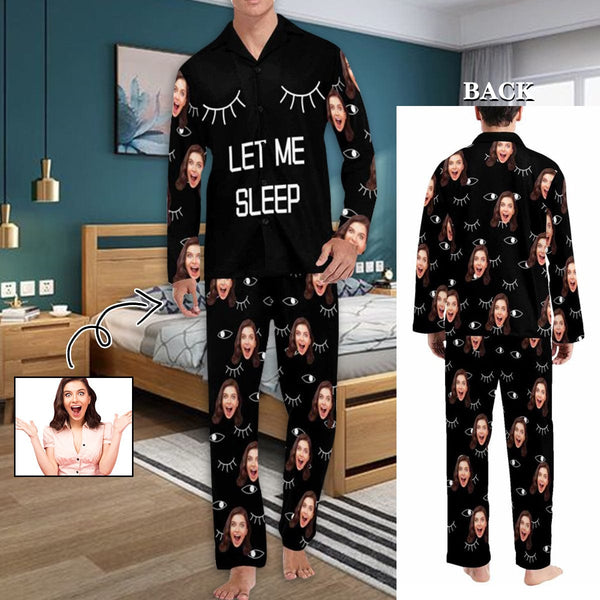 FacePajamas S Pajama Shirt&Pajama Pants-Custom Face Pajamas Let Me Sleep Men's Sleepwear Personalized Photo Men's V-Neck Long Pajama Set