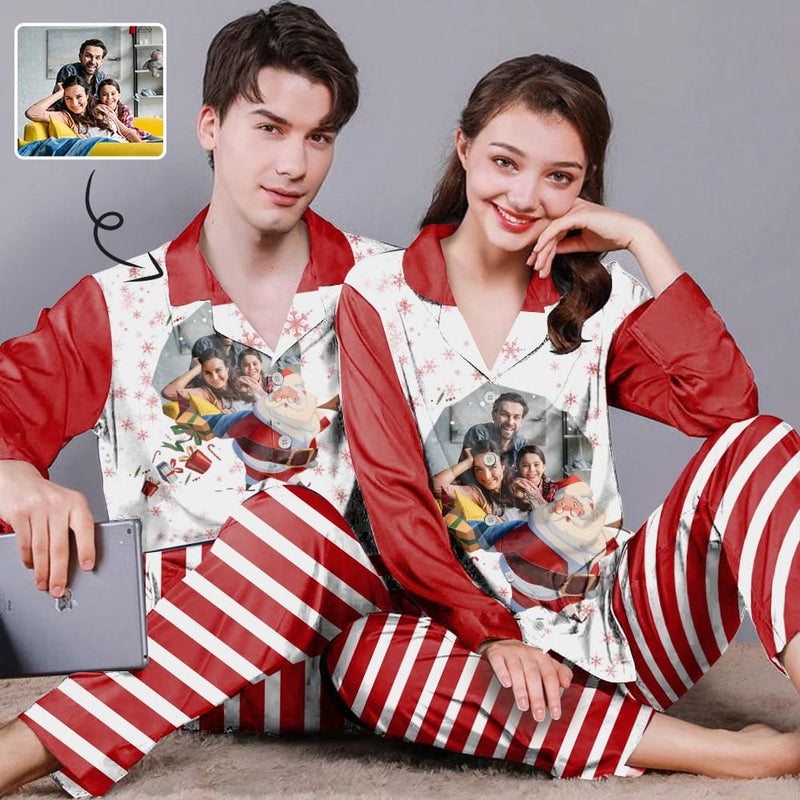 Custom Photo Santa Claus Red Couple Matching Pajamas Photo Loungewear