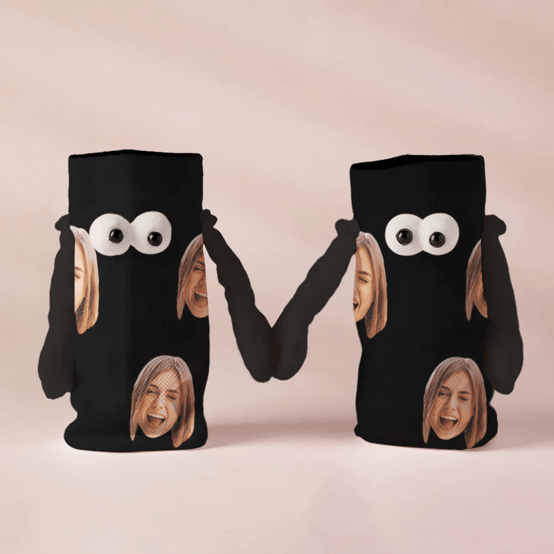 Custom Face Black&White Magnetic Holding Hands Socks Suction Funny Big Eye Socks