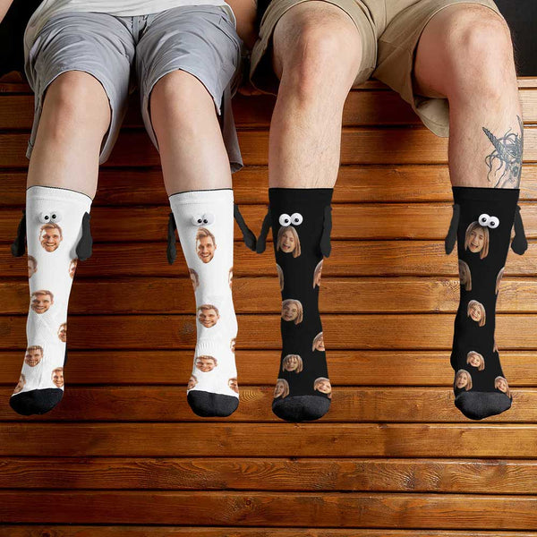 Custom Face Black&White Magnetic Holding Hands Socks Suction Funny Big Eye Socks