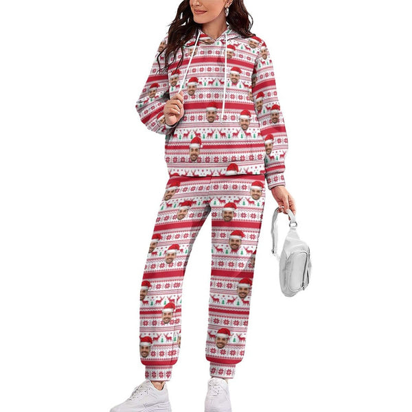 Custom Face Christmas Pattern Hoodie Sweatpant Set Personalized Unisex Loose Hoodie Top Outfits