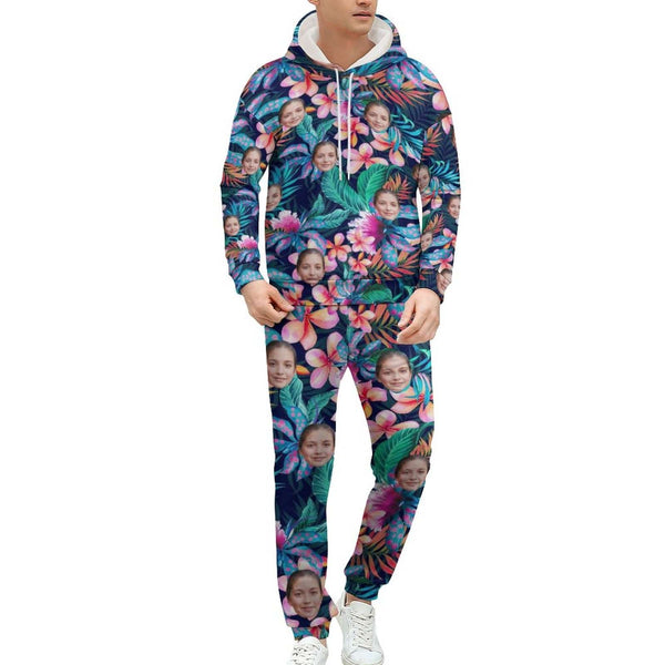 Custom Face Tropical Plant Hoodie Sweatpant Set Personalized Unisex Loose Hoodie Top Outfits