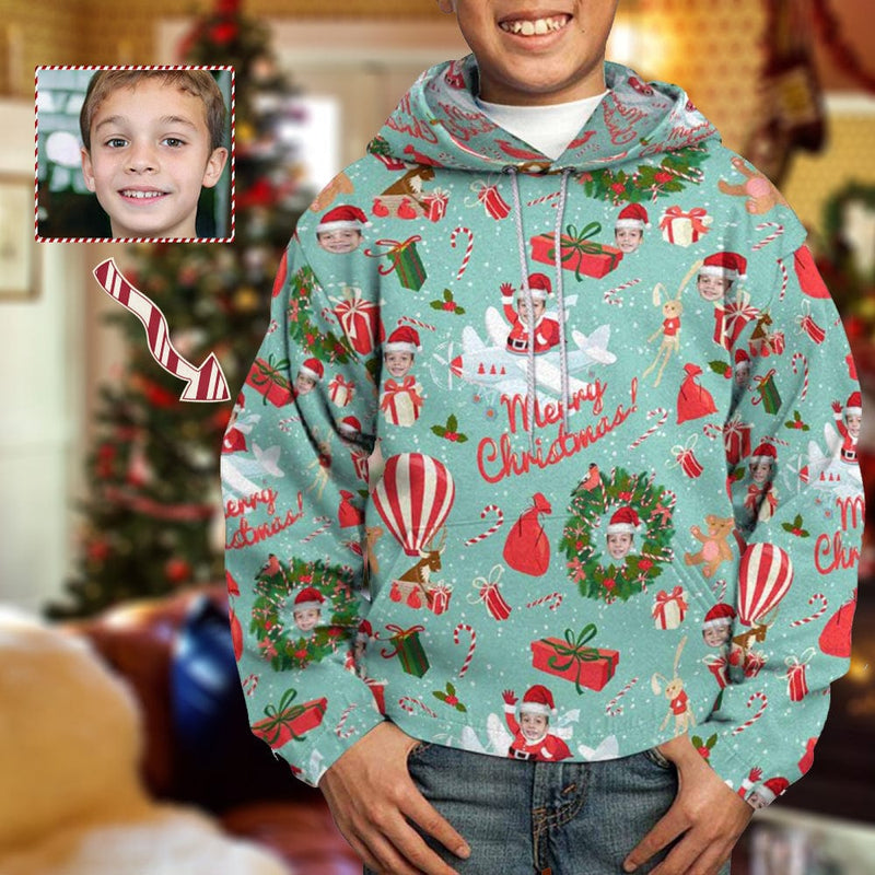 Custom Face Airplane Christmas Pattern Youth All Over Print Hoodie