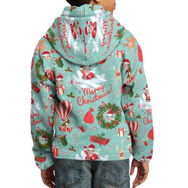 Custom Face Airplane Christmas Pattern Hoodie for 5~15Y Youth Personalized Hooded Pullover Loose Hoodie