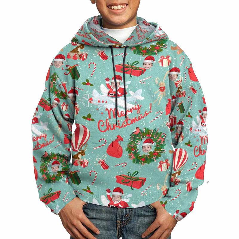 Custom Face Airplane Christmas Pattern Hoodie for 5~15Y Youth Personalized Hooded Pullover Loose Hoodie