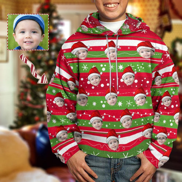 Custom Face Red Hat Christmas Stripes Youth All Over Print Hoodie