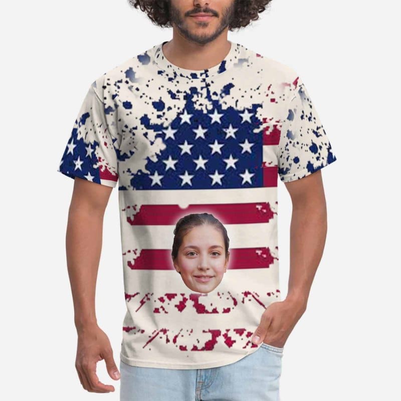 Custom Face Shirts with American Flag Men's All Over Print T-shirt Put Your Face on Tee for Him