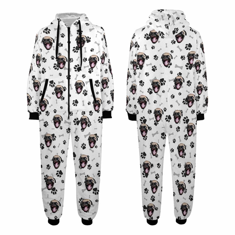 [Thick Soft Fabric] Funny Flannel Fleece Adult Onesie Pajamas Custom Pet Face Dog Bones Jumpsuit Homewear