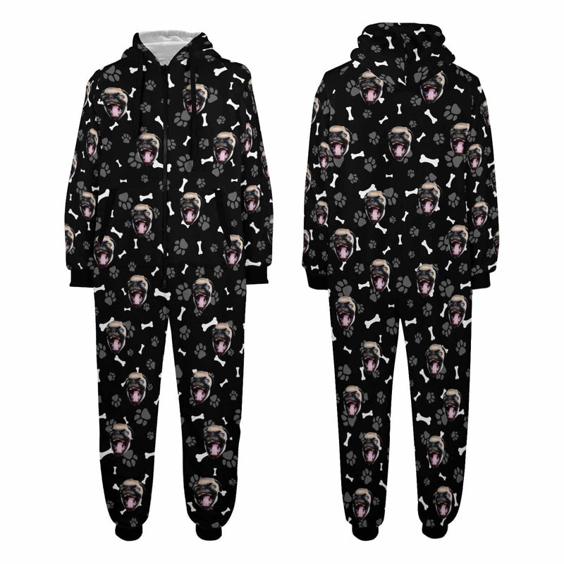 [Thick Soft Fabric] Funny Flannel Fleece Adult Onesie Pajamas Custom Pet Face Dog Bones Jumpsuit Homewear