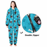 [Thick Soft Fabric] Funny Flannel Fleece Adult Onesie Pajamas Custom Pet Face Dog Bones Jumpsuit Homewear