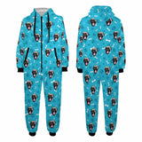 [Thick Soft Fabric] Funny Flannel Fleece Adult Onesie Pajamas Custom Pet Face Dog Bones Jumpsuit Homewear