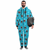 [Thick Soft Fabric] Funny Flannel Fleece Adult Onesie Pajamas Custom Pet Face Dog Bones Jumpsuit Homewear