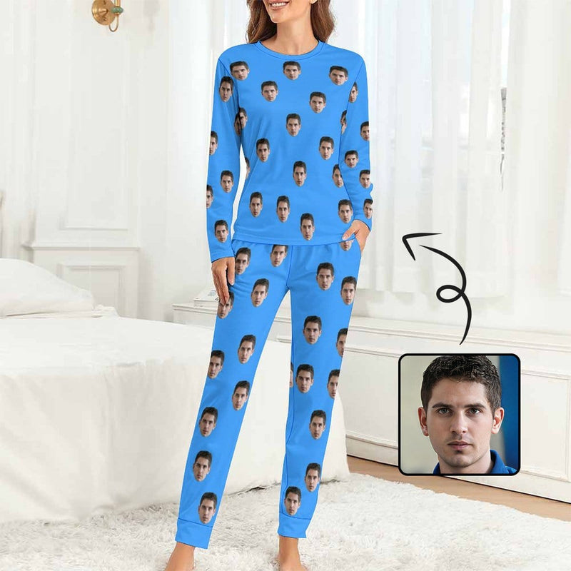 Custom Boyfriend Face Simple Sleepwear Personalized Women's Slumber Party Crewneck Long Pajamas Set