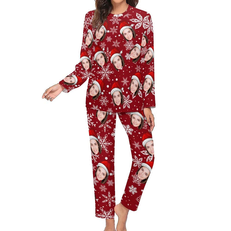 Custom Face Christmas Hat Snowflakes Nightwear Personalized Women's Slumber Party Crewneck Long Pajamas Set