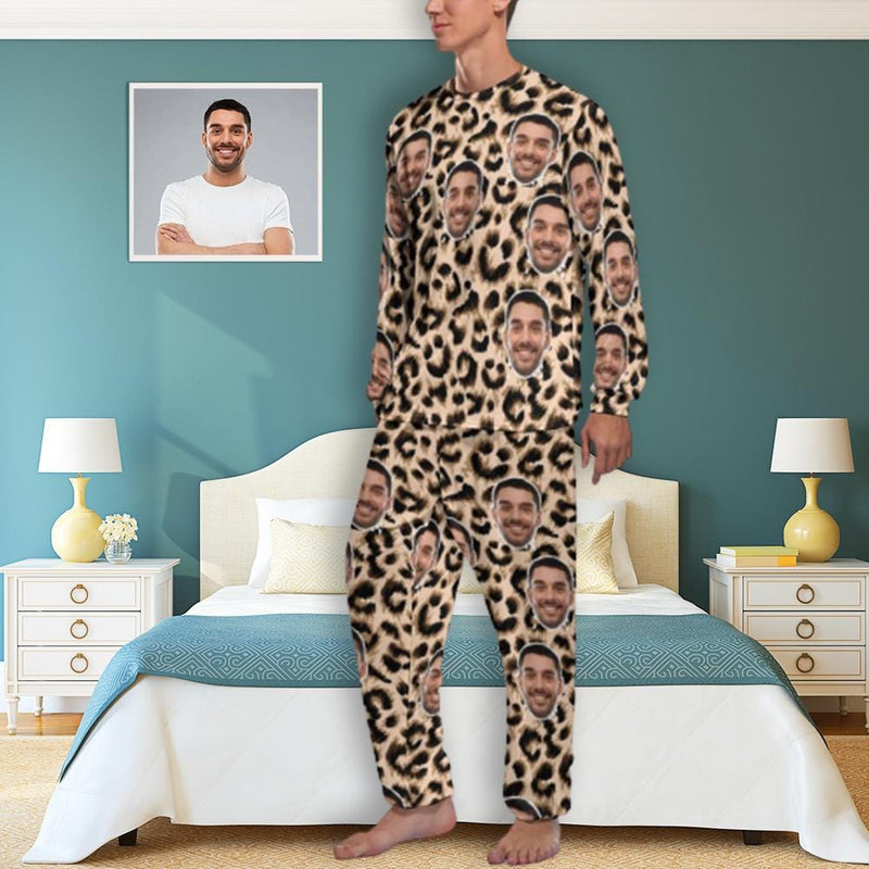 [High Quality]Custom Face Leopard Men's Pajamas Personalized Photo Sleepwear Sets Funny Nightwear for Him