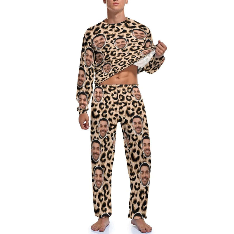 [High Quality]Custom Face Leopard Men's Pajamas Personalized Photo Sleepwear Sets Funny Nightwear for Him