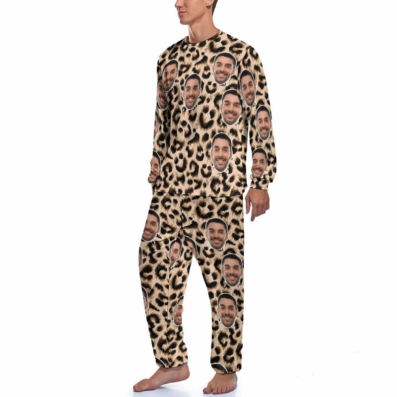 [High Quality]Custom Face Leopard Men's Pajamas Personalized Photo Sleepwear Sets Funny Nightwear for Him