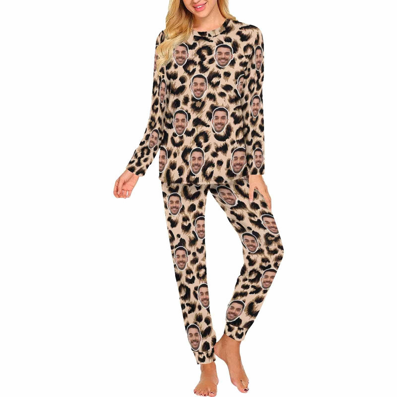 [High Quality]Custom Face Leopard Men's Pajamas Personalized Photo Sleepwear Sets Funny Nightwear for Him