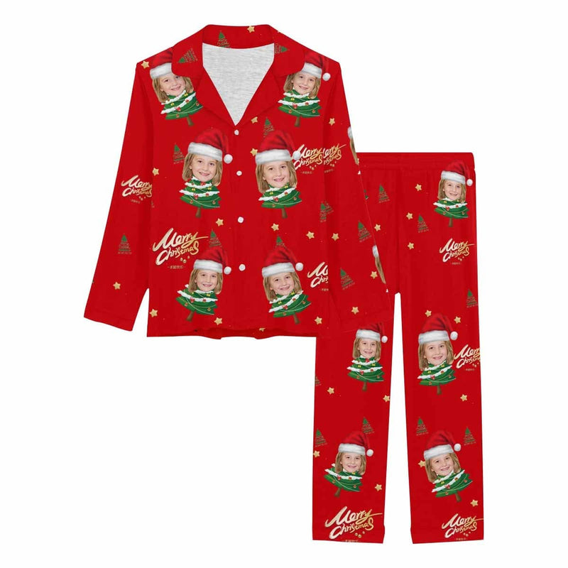 Custom Face Pajamas Christmas Tree Small Red Hat Sleepwear Personalized Women's Slumber Party Long Pajama Set