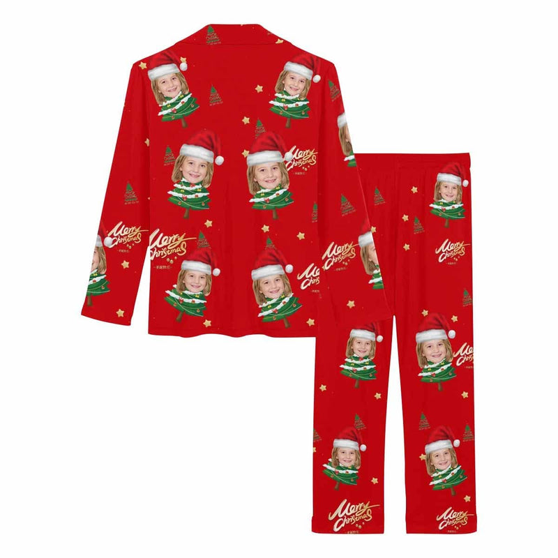 Custom Face Pajamas Christmas Tree Small Red Hat Sleepwear Personalized Women's Slumber Party Long Pajama Set