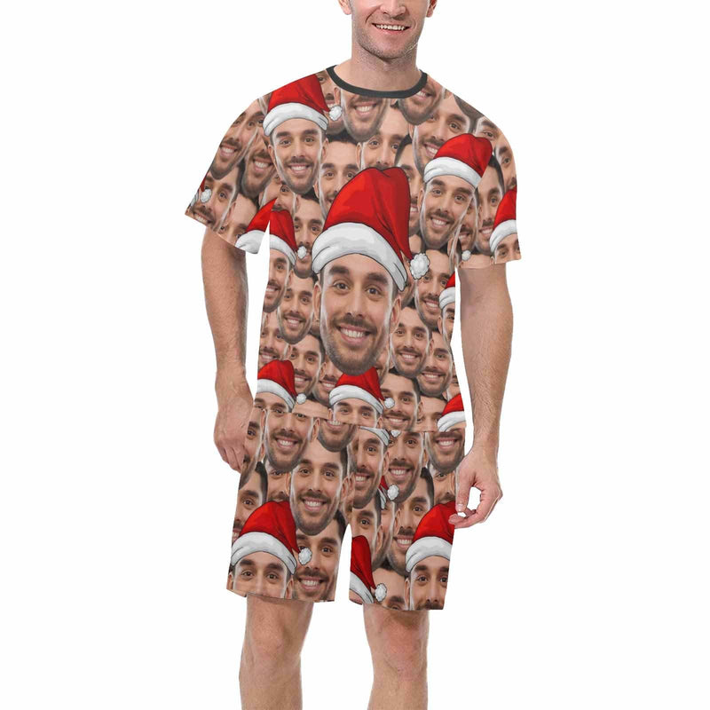 Custom Face Seamless Christmas Hat Sleepwear Personalized Family Matching Short Sleeve Pajamas Set