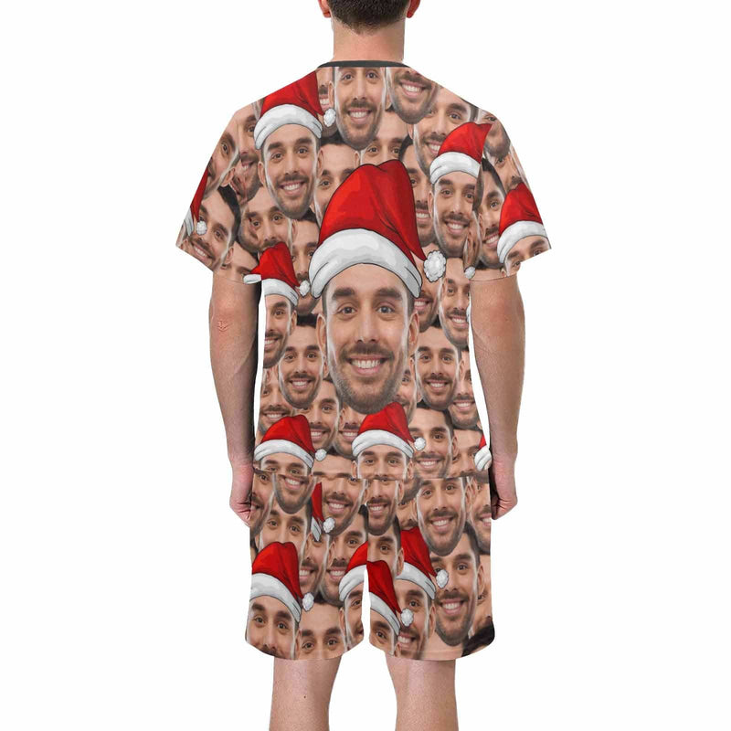 Custom Face Seamless Christmas Hat Sleepwear Personalized Family Matching Short Sleeve Pajamas Set