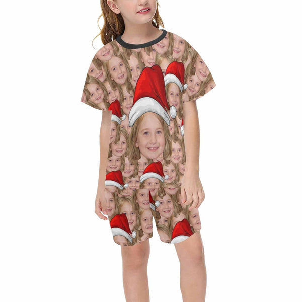 Custom Face Seamless Christmas Hat Sleepwear Personalized Family Matching Short Sleeve Pajamas Set