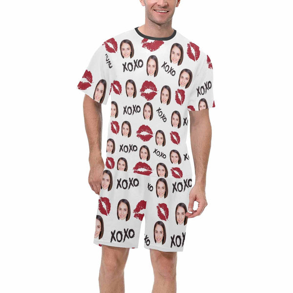 PRICE DROP-Custom Girlfriend Face Pajamas Personalized Red Lips Men's Crew Neck Short Sleeve Pajama Set with Photo Great Gift for Boyfriend or Husband