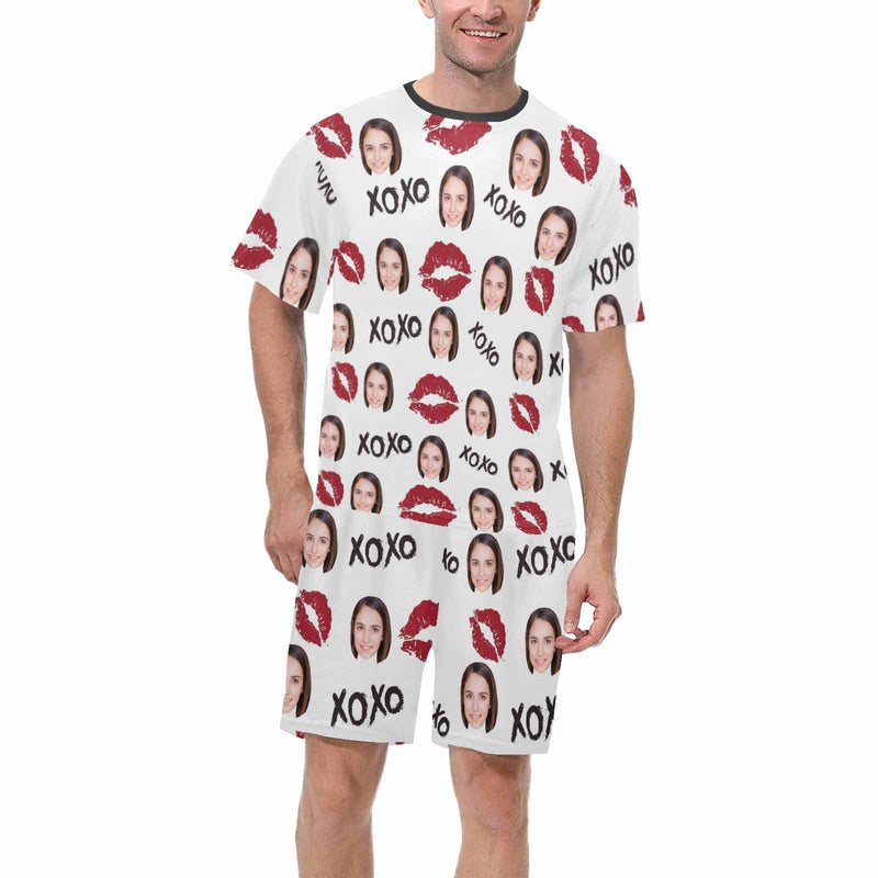 PRICE DROP-Custom Girlfriend Face Pajamas Personalized Red Lips Men's Crew Neck Short Sleeve Pajama Set with Photo Great Gift for Boyfriend or Husband