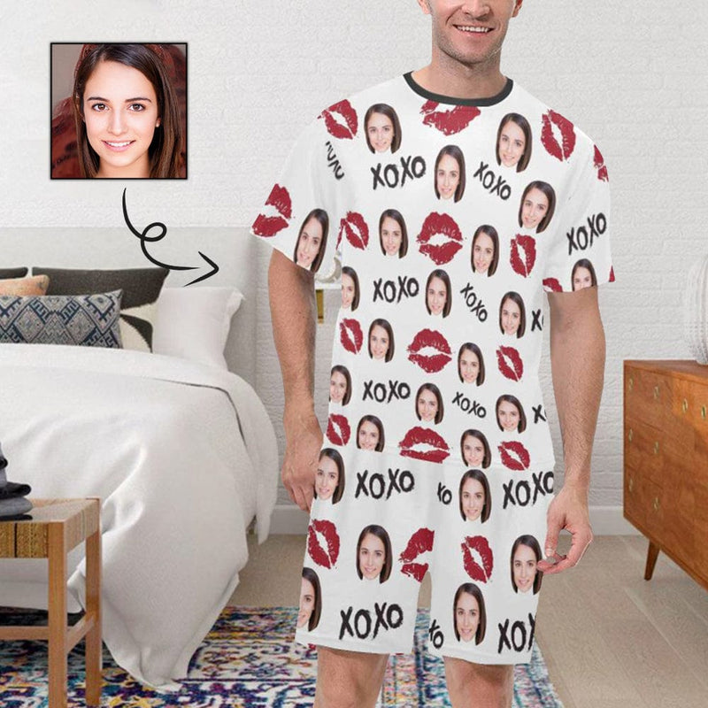 Custom Face Pajamas Personalized Red Lips Mens Short Sleeve Pajama Set