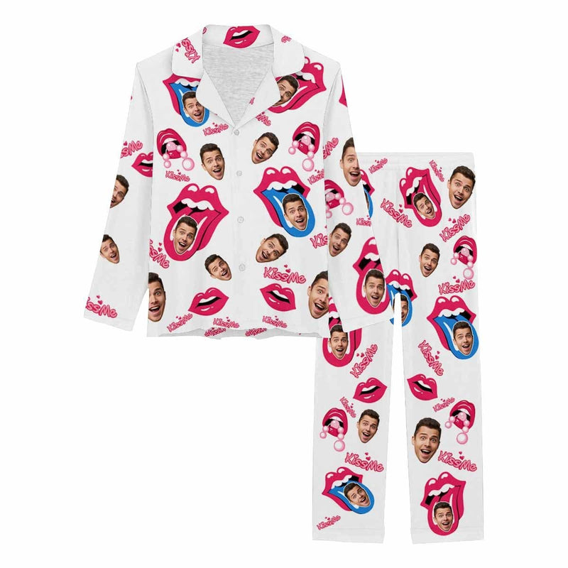 Custom My Boyfriend Face Pajamas Kiss Me Rosy Lips Funny Mouth Sleepwear Personalized Women's Long Pajama Set