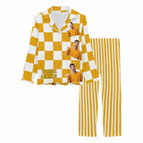 Custom My Boyfriend Name&Photo Pajamas Yellow Grid Stripe Sleepwear Personalized Women's Long Pajama Set