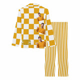 Custom My Boyfriend Name&Photo Pajamas Yellow Grid Stripe Sleepwear Personalized Women's Long Pajama Set