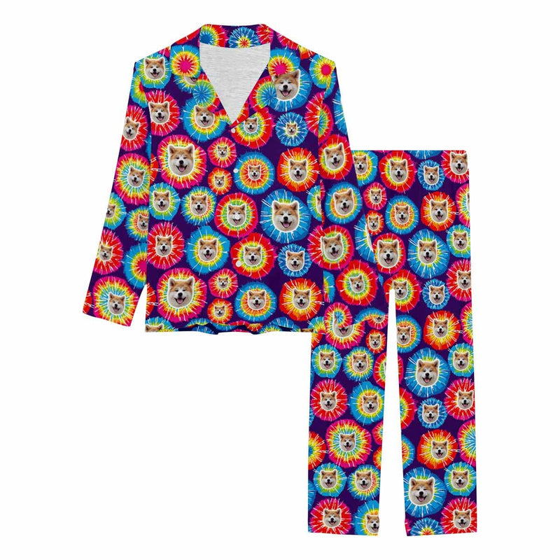 Custom My Pet Dog Face Pajamas Beautiful Rainbow Sleepwear Personalized Women's Long Pajama Set