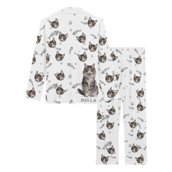 Custom Name&Photo Pajamas My Pet Cat Paw and Fish Bone Sleepwear Personalized Women's Long Pajama Set