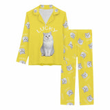 Custom Pet Cat Photo&Name Solid Color Sleepwear Personalized Women's Slumber Party Long Pajama Set