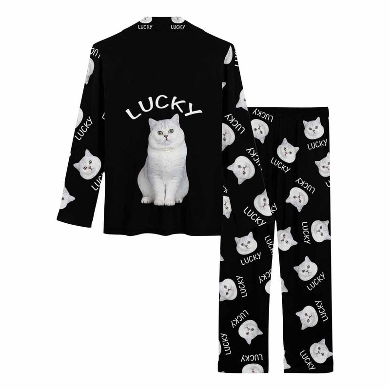 Custom Pet Cat Photo&Name Solid Color Sleepwear Personalized Women's Slumber Party Long Pajama Set