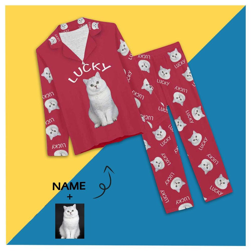 Custom Cat Photo&Name Solid Color Personalized Women's Long Pajama Set