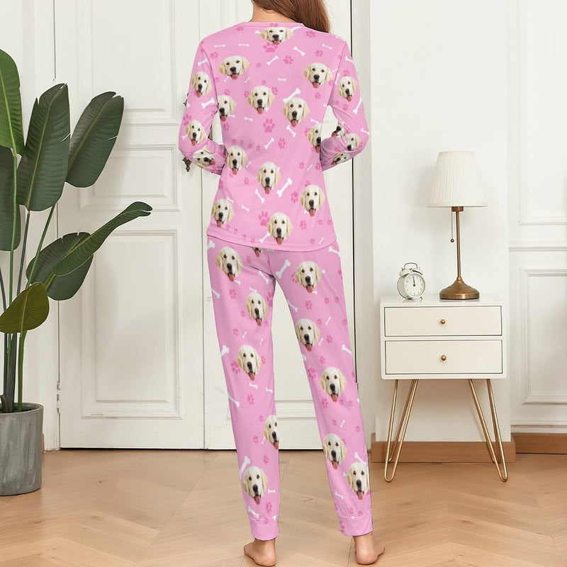 Custom Pet Dog's Face Bone & Footprint Sleepwear Personalized Women's Slumber Party Crewneck Long Pajamas Set