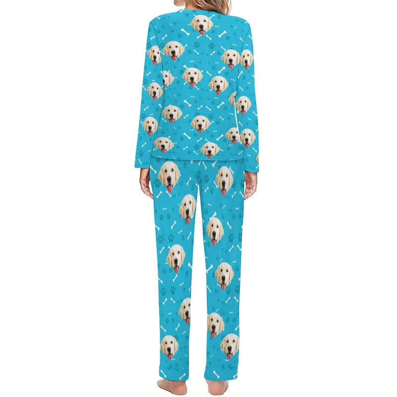 Custom Pet Dog's Face Bone & Footprint Sleepwear Personalized Women's Slumber Party Crewneck Long Pajamas Set