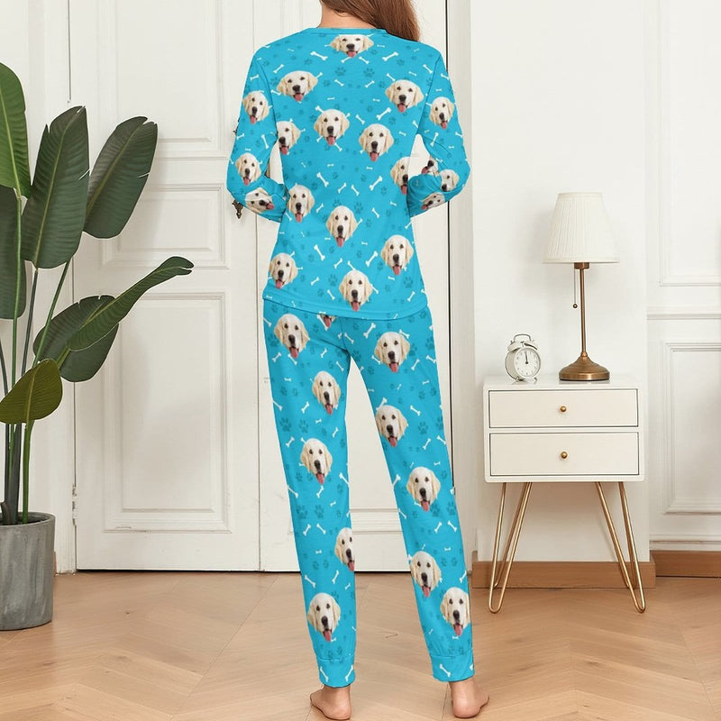 Custom Pet Dog's Face Bone & Footprint Sleepwear Personalized Women's Slumber Party Crewneck Long Pajamas Set