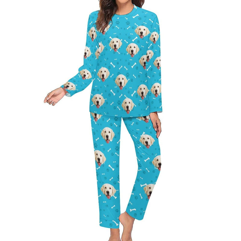 Custom Pet Dog's Face Bone & Footprint Sleepwear Personalized Women's Slumber Party Crewneck Long Pajamas Set