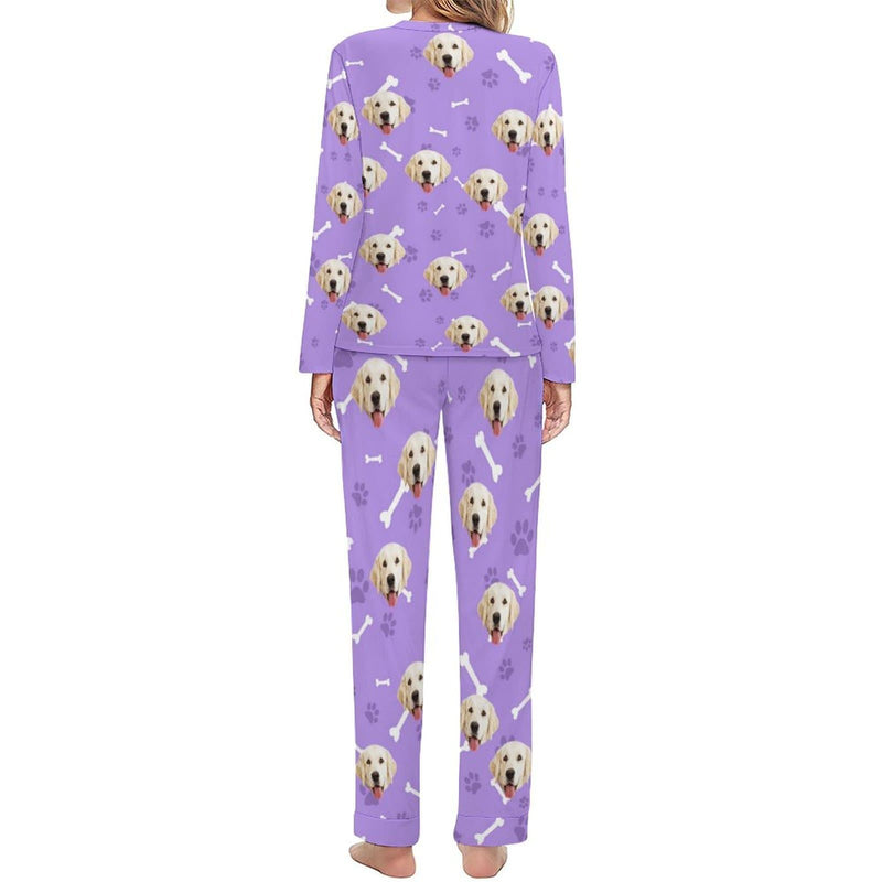 Custom Pet Dog's Face Bone & Footprint Sleepwear Personalized Women's Slumber Party Crewneck Long Pajamas Set