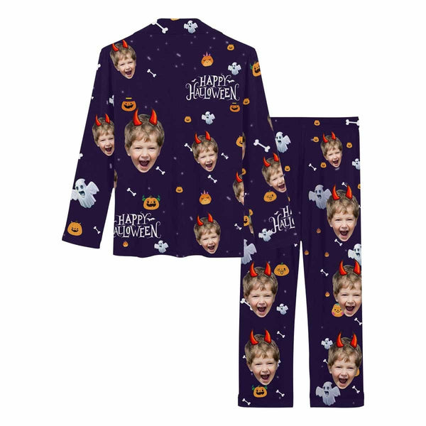 Custom Son Face Pajamas Purple Halloween Sleepwear Personalized Women's Slumber Party Long Pajama Set