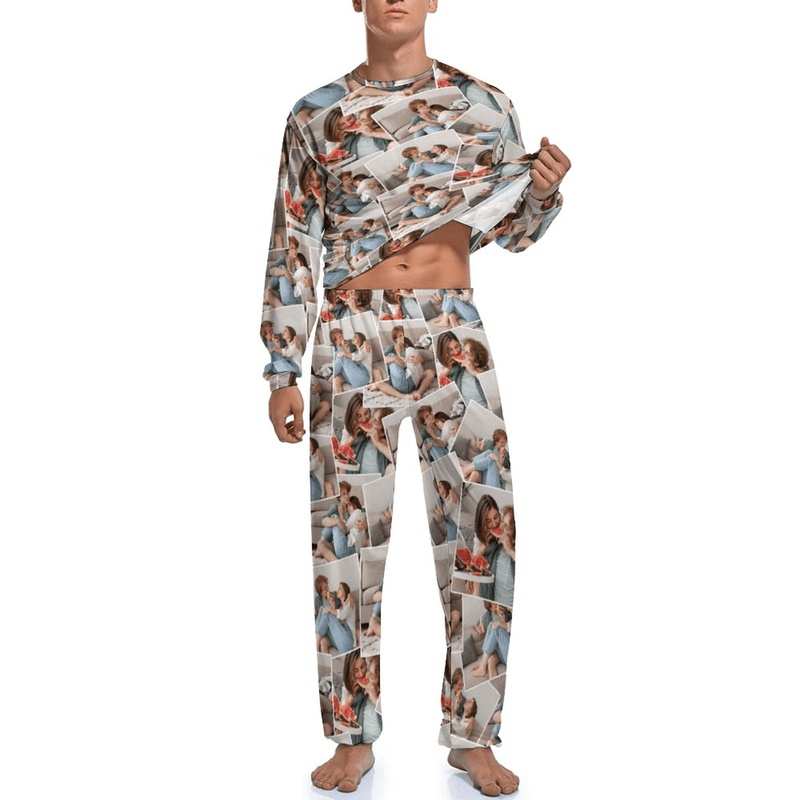 [Up to 5 Photots] Personalized Photo Pajamas Custom Photo Crewneck Long Pajama Set&Couple Matching Pajamas