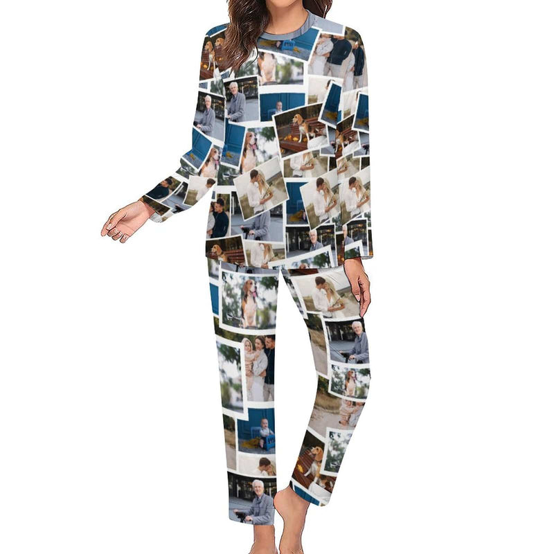 [Up to 5 Photots] Personalized Photo Pajamas Custom Photo Crewneck Long Pajama Set&Couple Matching Pajamas