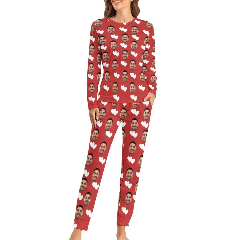 【Special Christmas Sale】Custom Boyfriend Face Pajamas Love Heart Christmas Hat Sleepwear Personalized Women's Crewneck Long Pajamas Set