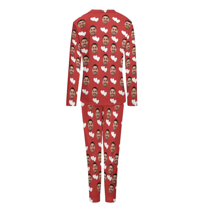 【Special Christmas Sale】Custom Boyfriend Face Pajamas Love Heart Christmas Hat Sleepwear Personalized Women's Crewneck Long Pajamas Set