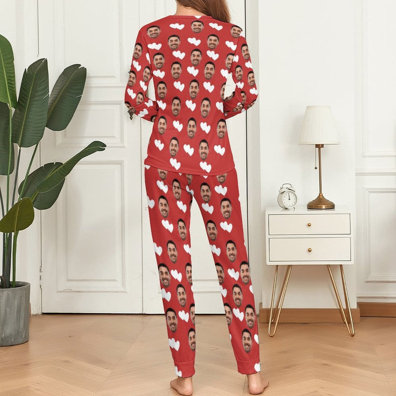 【Special Christmas Sale】Custom Boyfriend Face Pajamas Love Heart Christmas Hat Sleepwear Personalized Women's Crewneck Long Pajamas Set