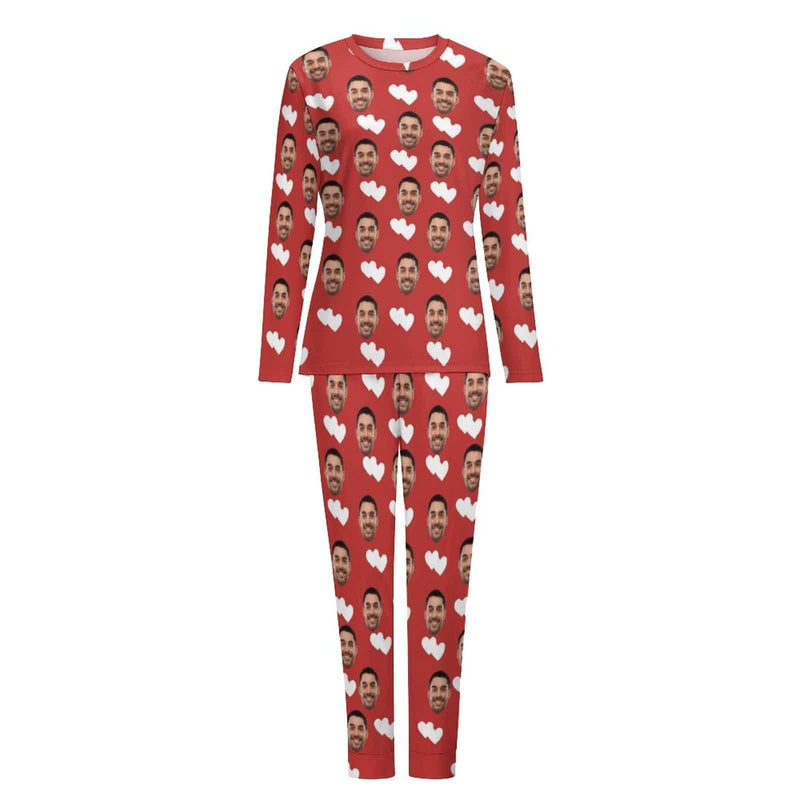 【Special Christmas Sale】Custom Boyfriend Face Pajamas Love Heart Christmas Hat Sleepwear Personalized Women's Crewneck Long Pajamas Set